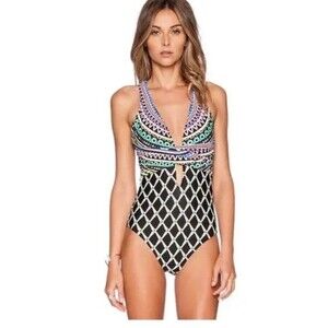 Trina Turk Kon Tiki One-Piece Swimsuit Size 8 Abstract Multi Color Black Wrap